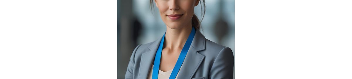 A custom lanyard worn by a professional woman for a conference in Ottawa, Canada.