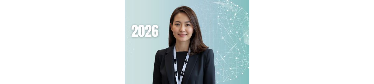 A business woman wearing a custom lanyard for a 2026 event in Canada.