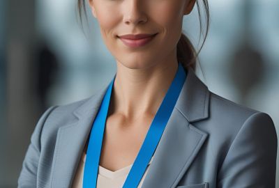 A custom lanyard worn by a professional woman for a conference in Ottawa, Canada.