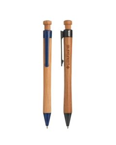 a bamboo pen with black accents and an engraved logo