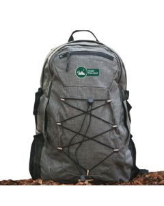 Three different angled images of grey and laptop backpack with black accents