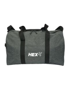 heathered grey 19 inch duffle with white logo showing front and back view