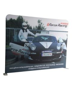 Custom 10ft straight media wall with full colour branding for an event.