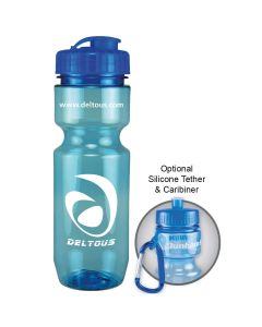 22oz aqua translucent bike bottle with white logo next to example of carabiner use