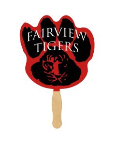 A sandwich fan with a wooden handle and a red and black paw print shaped paddle with white text on it