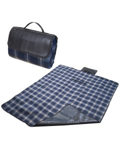 A blue checkered fleece blanket unfolded with the front right corner turned up. Behind the blanket is the same item folded into it's carry position with a debossed logo on the front