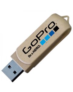 A custom printed eco-friendly USB swivel drive made with a high density paper exterior. The body has a black and blue print.