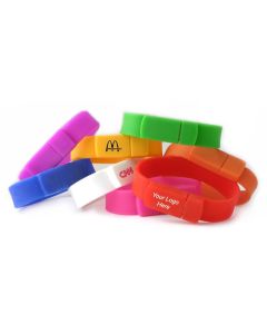 Eight custom printed silicone USB wristbands. Each one is a different shade and the front three have printed logos.