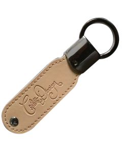 A custom branded brown leather USB with a black attachment ring. There is a logo debossed on the leather.