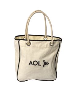 A custom branded rope tote bag made from cotton canvas. It has black trim and is printed with a printed black logo.