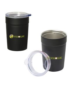 two black metal 360mL tumbler/insulator combos with clear lids showing one lid uncapped and both with full colour logos