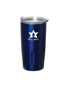 a royal blue metal 600mL travel tumbler with a clear lid and a white logo