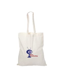 natural coloured cotton tote with blue and red logo