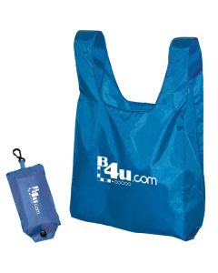 A blue custom printed folding tote bag that is open beside the same bag, folded. Both bags have white print.