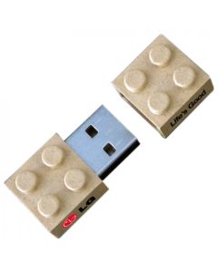 A custom building block shaped USB drive made from high density paper with a red, black and white logo on the side.