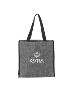 A custom printed polyester tote bag with a heathered finish. The bag is grey with black trim and a white logo.