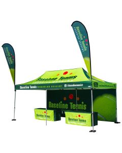 Custom 10x20ft polyester tent package with two event table cloth covers, a full back wall and two promotional wo tear drop flags