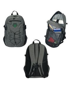 Three different angled images of grey and laptop backpack with black accents