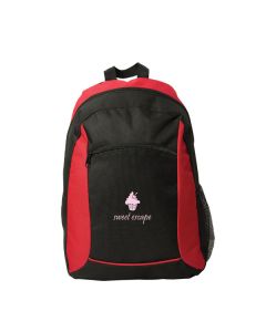 red and black backpack with light pink logo