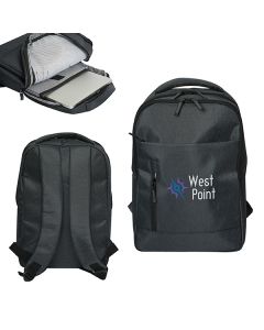 Three images of black laptop backpack with full colour logo