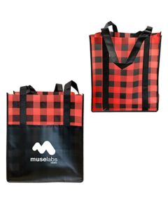 A custom branded Lumberjack Laminated Tote bag with a printed logo. The bag is red and black and the print is white.