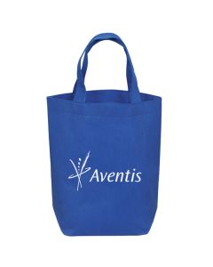 A royal blue custom printed mini non woven tote with a white logo