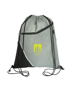 grey and black drawstring bag with yellow logo