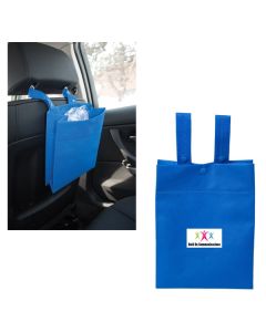 two images of royal blue car litter tote bags one with a full colour logo and one blank with an example of use hanging on the back of a car seat