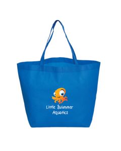 A custom logo oversize tote made from non woven material. The bag is blue with full colour print.