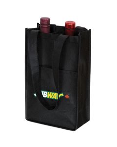 An angled view of a black non woven two bottle wine bag with two bottles inside and a full colour logo