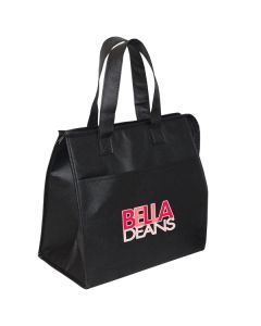 A custom logo non woven insulated grocery tote. The bag is black with a pink and white custom print.