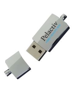 A custom printed metal micro USB with a cube shape. The branded logo is black and light blue.