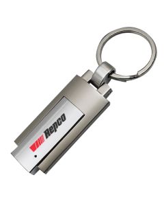 A customized metal USB swivel drive with a split ring attachment. The body is silver with a red and black logo.