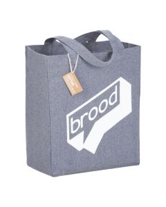 A custom cotton grocery tote made from recycled material. The front has a white printed logo.