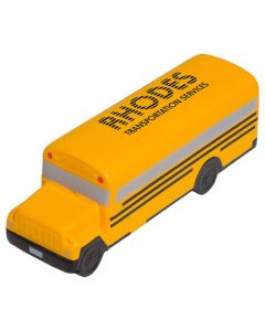 A yellow coloured school bus shaped stress reliever with a black logo on the top of the roof