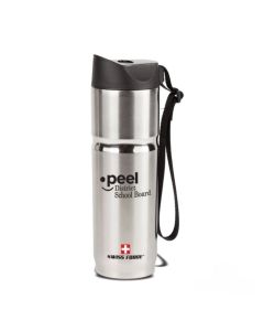 A silver 15oz tumbler with a black lid and strap and a black logo