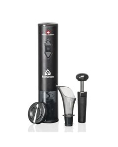 A black modern wine opener gift set with a white logo on the battery-operated automatic opener. There is also a foil cutter, a pourer and a stopper  