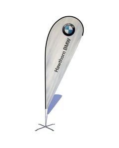 A custom teardrop trade show flag 7ft in height with full colour customization made in Canada.