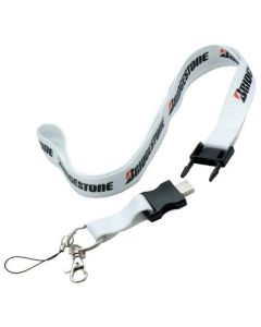 A white USB lanyard with a custom logo and a detachable piece and a split ring attachment.