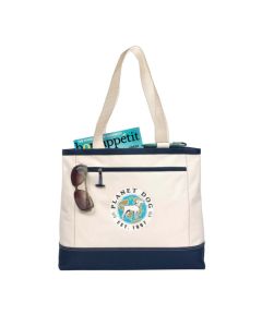 A custom logo utility beach tote made from polyester. It is white with navy trim and has a promotional printed logo.