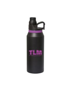 945mL black water bottle with purple silicone band and logo