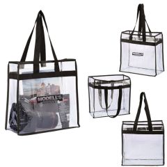 Four clear custom tote bags. Two are blank and two have black logos. One of the bags has been filled with travel items.