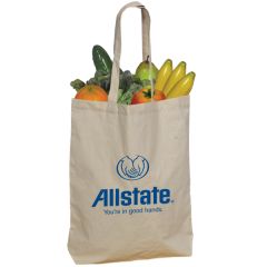 A custom cotton shopper tote filled with fruit and vegetables. The bag is natural coloured with a blue print on the front.