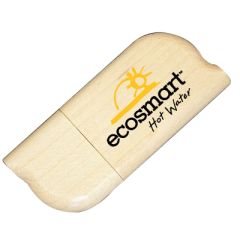 A custom logo eco-friendly wooden USB drive with the cap on. The printed logo is black and yellow.