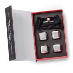 Four stainless steel ice cubes with engraved logos