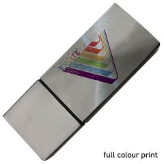 A custom printed metal cube USB thumb drive with a silver body. The rectangle-shaped body has a full colour logo.