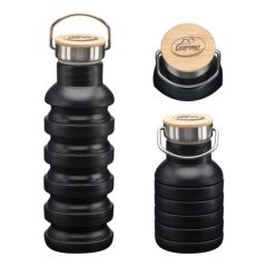 three images of black expandable water bottle showing an expanded a compressed and the light wood coloured grey printed lid