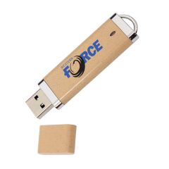 A custom logo USB drive made from eco-friendly high density paper. The body has a blue and black printed design.