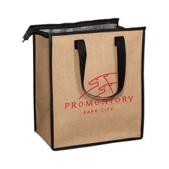 A custom jute cooler tote with black trim and a foil interior. The front has a red logo.