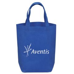 A royal blue custom printed mini non woven tote with a white logo